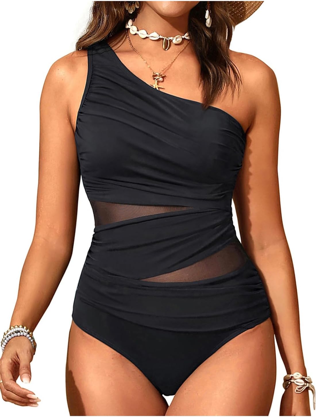 Women's One Shoulder Mesh Tummy Control Cut Out Bathing Swimwear One Piece Swimsuits