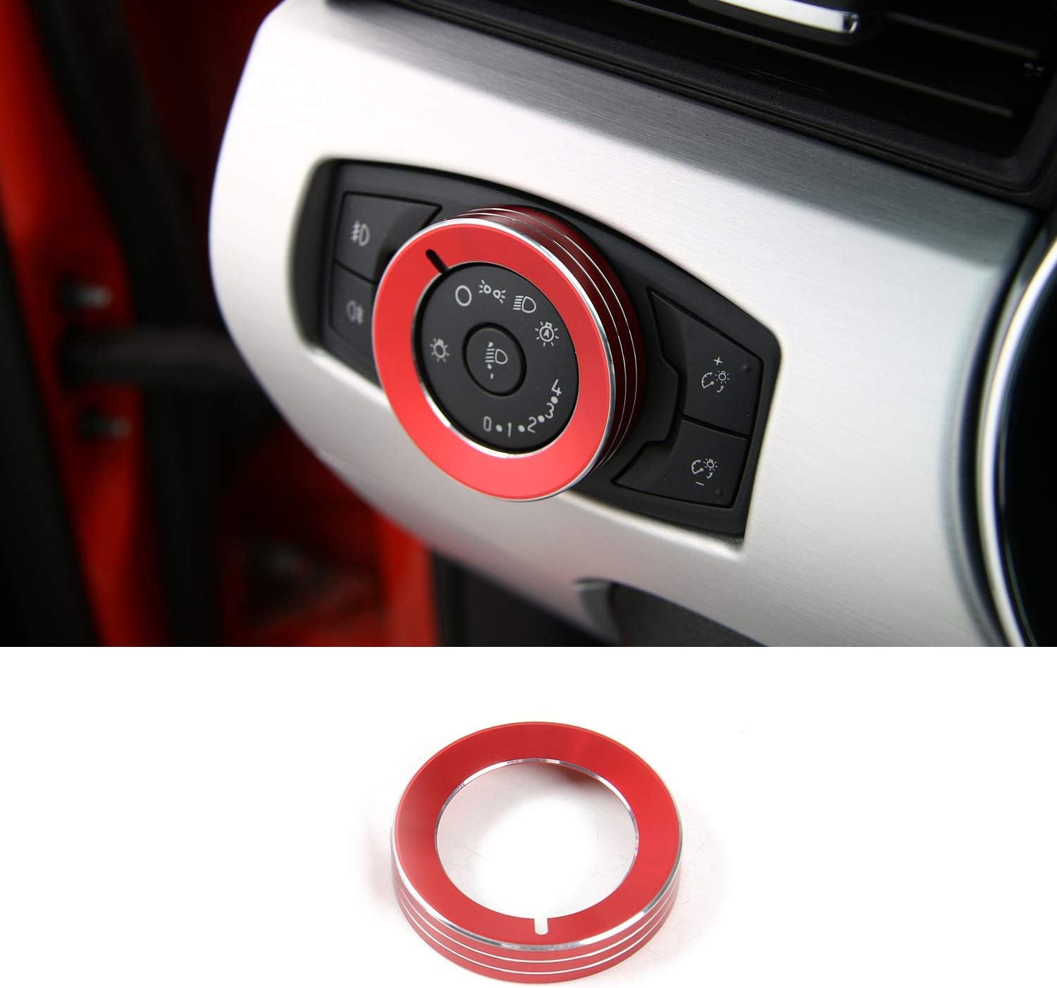 TopDall Red Aluminum Headlight Volume Tune Control Knob Cover Ring Trim Interior Accessories Compatible for Ford Mustang