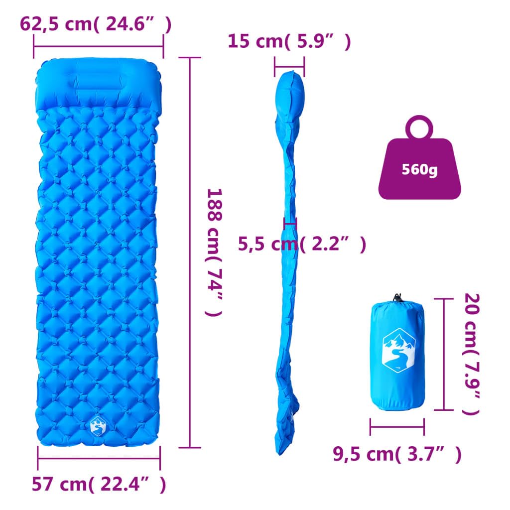 Matelas de camping gonflable avec coussin, 6 cm d'épaisseur, matelas de camping auto-gonflant en nylon 40D avec revêtement TPU, imperméable et durable, sac de transport inclus