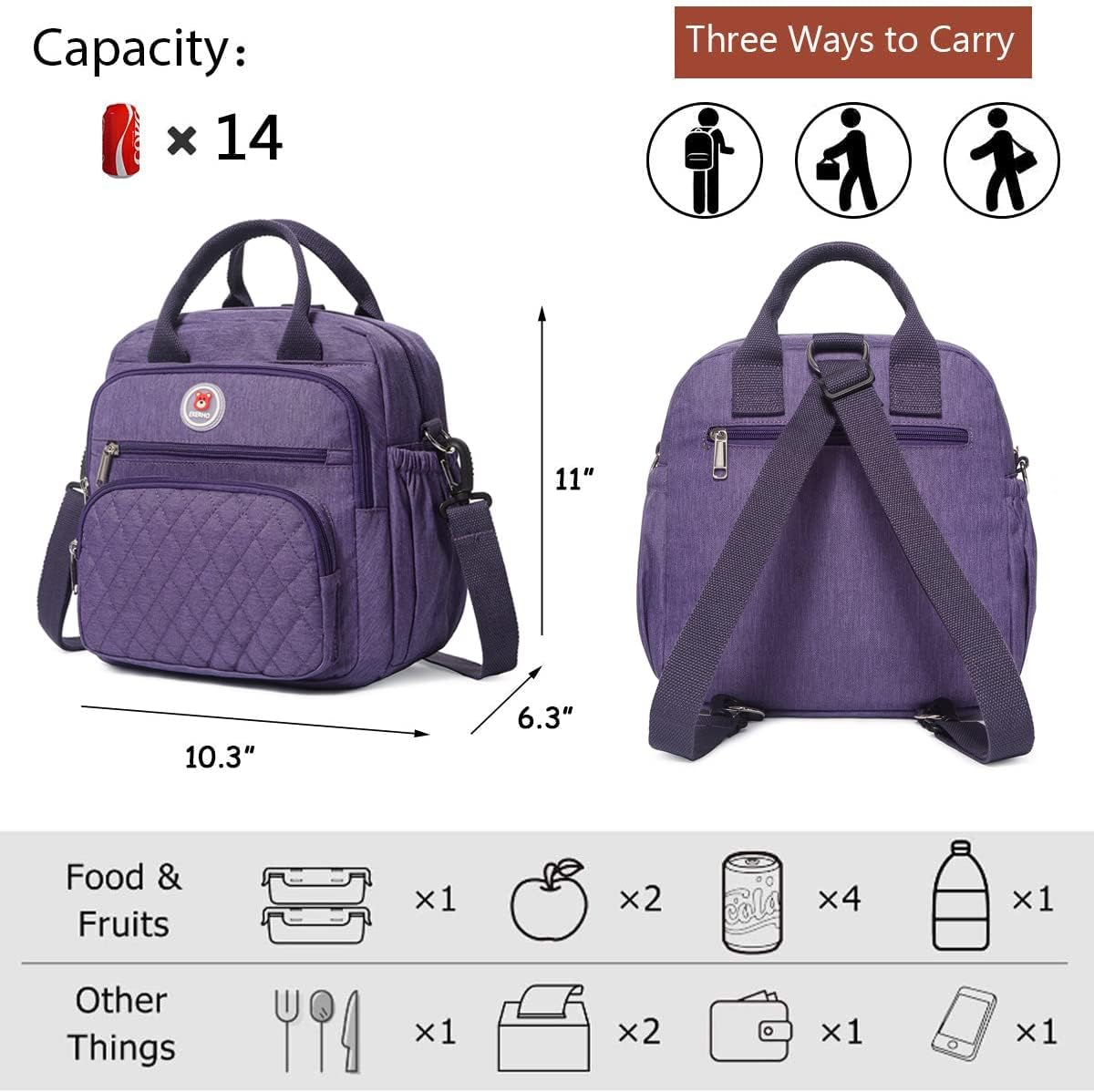 Insulated Lunch Bag Rucksack for Women/Men, 3 carrying way Lunch Tote, Large Waterproof Cooler Box with Side pockets for Adults, Work, Beach, Picnic, Purple - Image 2
