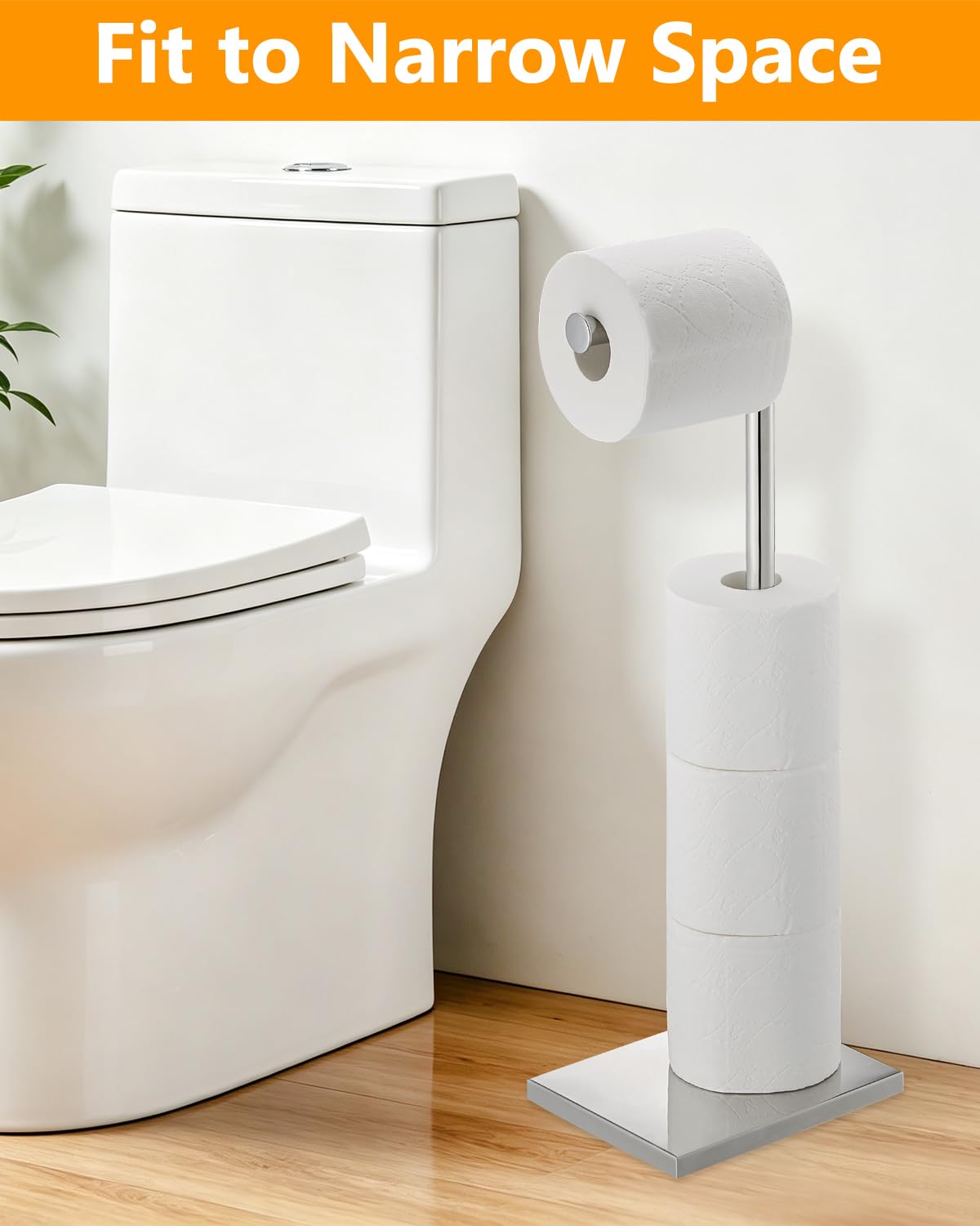 Toilet Paper Holder Stand, Stainless Steel Free Standing Toilet Paper Holder with Reserve for Bathroom, Modern Toilet Paper Stand, Chrome, YOFOVI — Amazon image 7