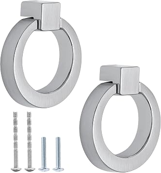 Litoexpe Brushed Nickel Cabinet Knobs Drawer Ring Pulls, Zinc Alloy Closet Cupboard Door Knob Ring Handles, Pack of 2