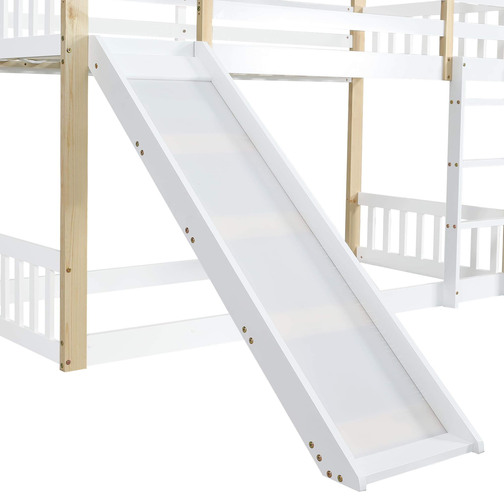 SACOOL Letto a castello 90 x 200 cm con finestre e scala angolare a tre livelli, culla con scivolo, letto con recinzioni e protezione anticaduta, telaio in legno massello, bianco e naturale