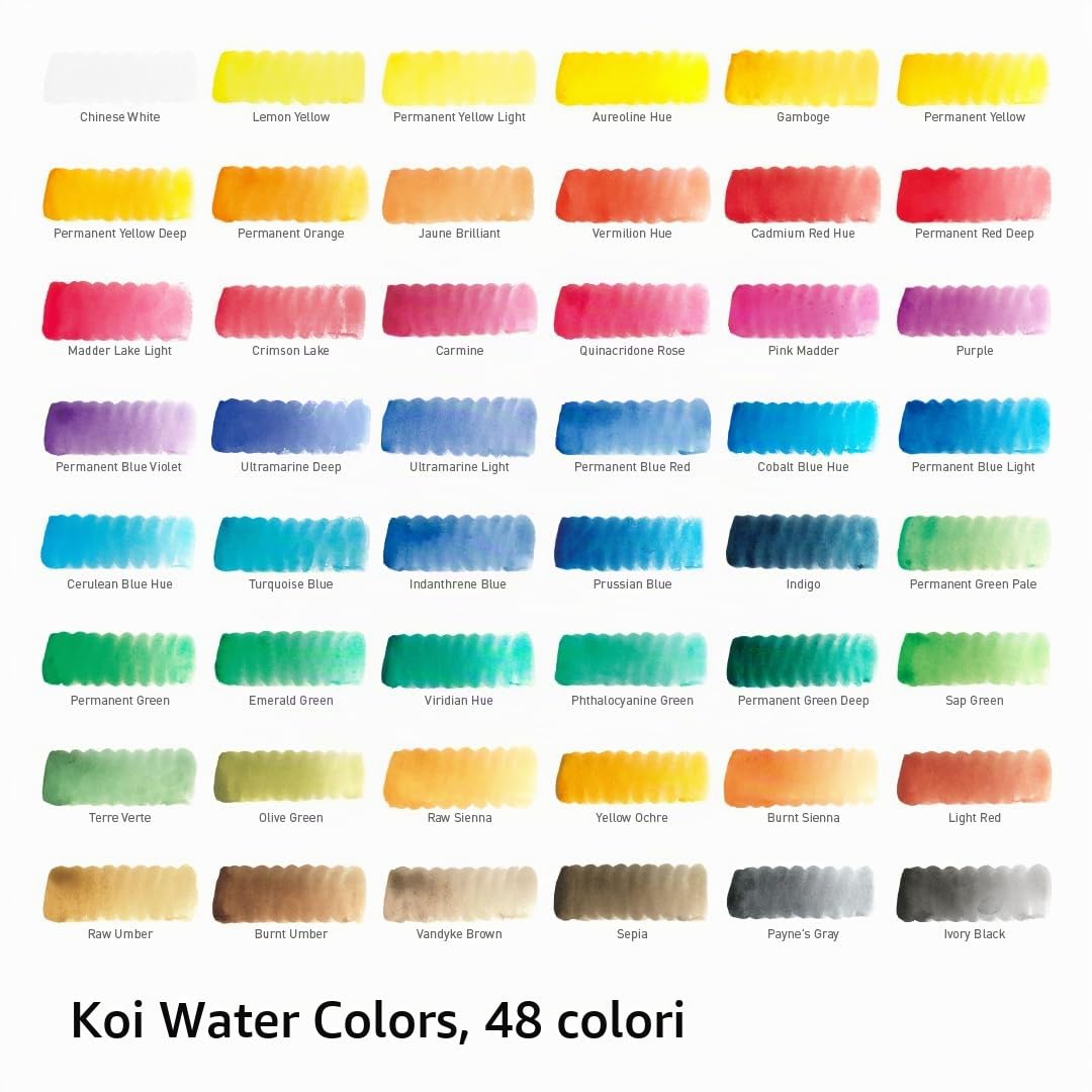 SAKURA Colori ad Acqua Koi - Scatola Tascabile per Schizzi da Campo - 48 mezzi Godet con Pennello ad Acqua e tavolozza di miscelazione - Portatile e compatta per artisti