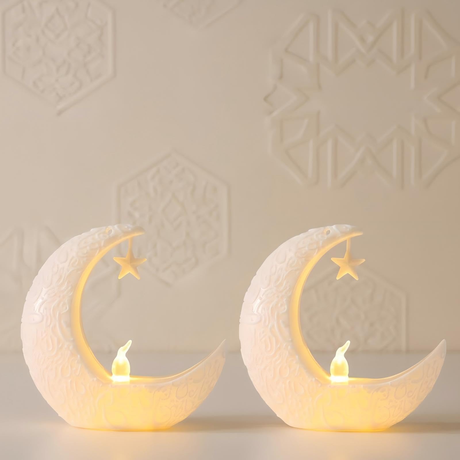 Ramadan Table Decorations - 2Pcs Moon Star Ramada Table Lamp, White Eid Lantern Centerpiece, Eid Mubarak Lamps Decorations, Night Lights Ornaments for Home Festival Decor