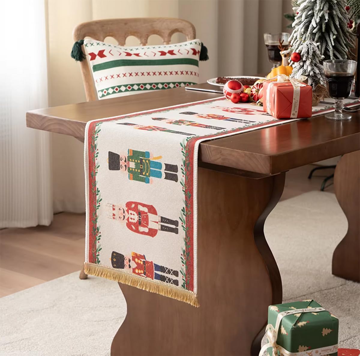 Fennco Styles Nutcracker Fringe Holiday Table Runner 14" W X 72" L - Multicolored Soldier Print Festive Table Cover for Christmas Décor, Banquet, Family Gathering and Special Events