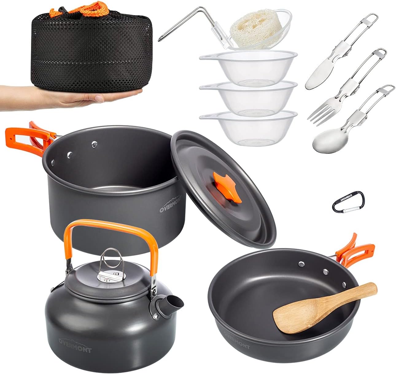 Overmont 14pc Camping Cookware Mess Kit, Portable Camping Cooking Set for Backpacking, Outdoor Hiking and Picnic Pot Pan Folding Spork Knife Spoon Kit