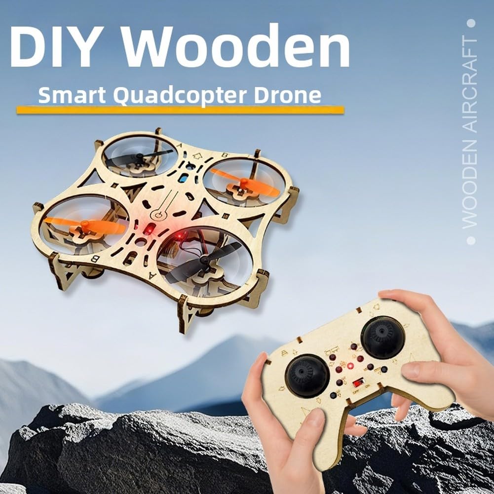 Holz-Drohnen Bausatz zum Selberbauen, RC Quadcopter mit LED-Lichtern, 360° Stunts, Intelligente Schwebefunktion, 3 Geschwindigkeitsstufen, Ferngesteuertes Flugzeug für Anfänger und Experten
