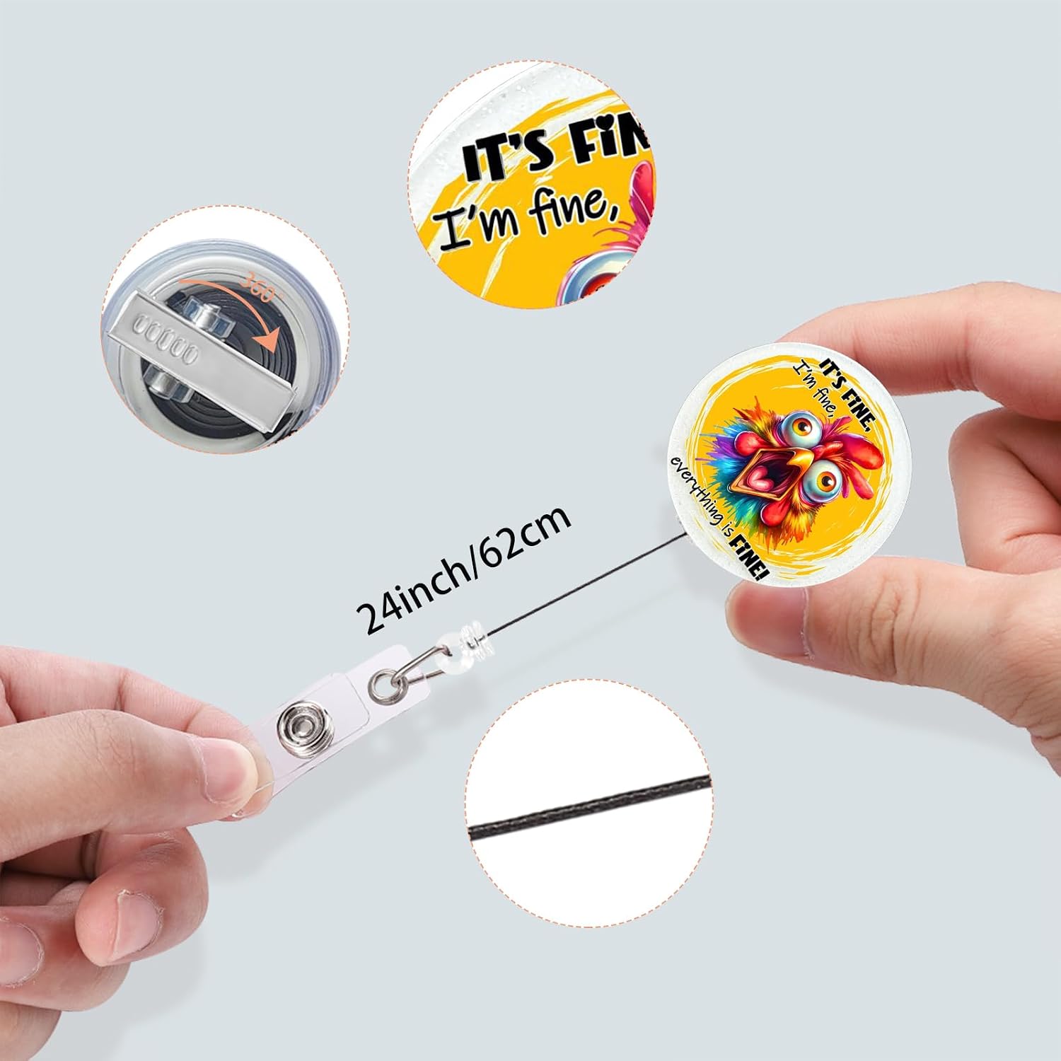 Funny Chicken Badge Clips Retractable, It's Fine Badge Buddy with Alligator Clip, Glitter Cute Badge Reel for Scholl Nurse Teacher Office Worker (Chicken) image 3