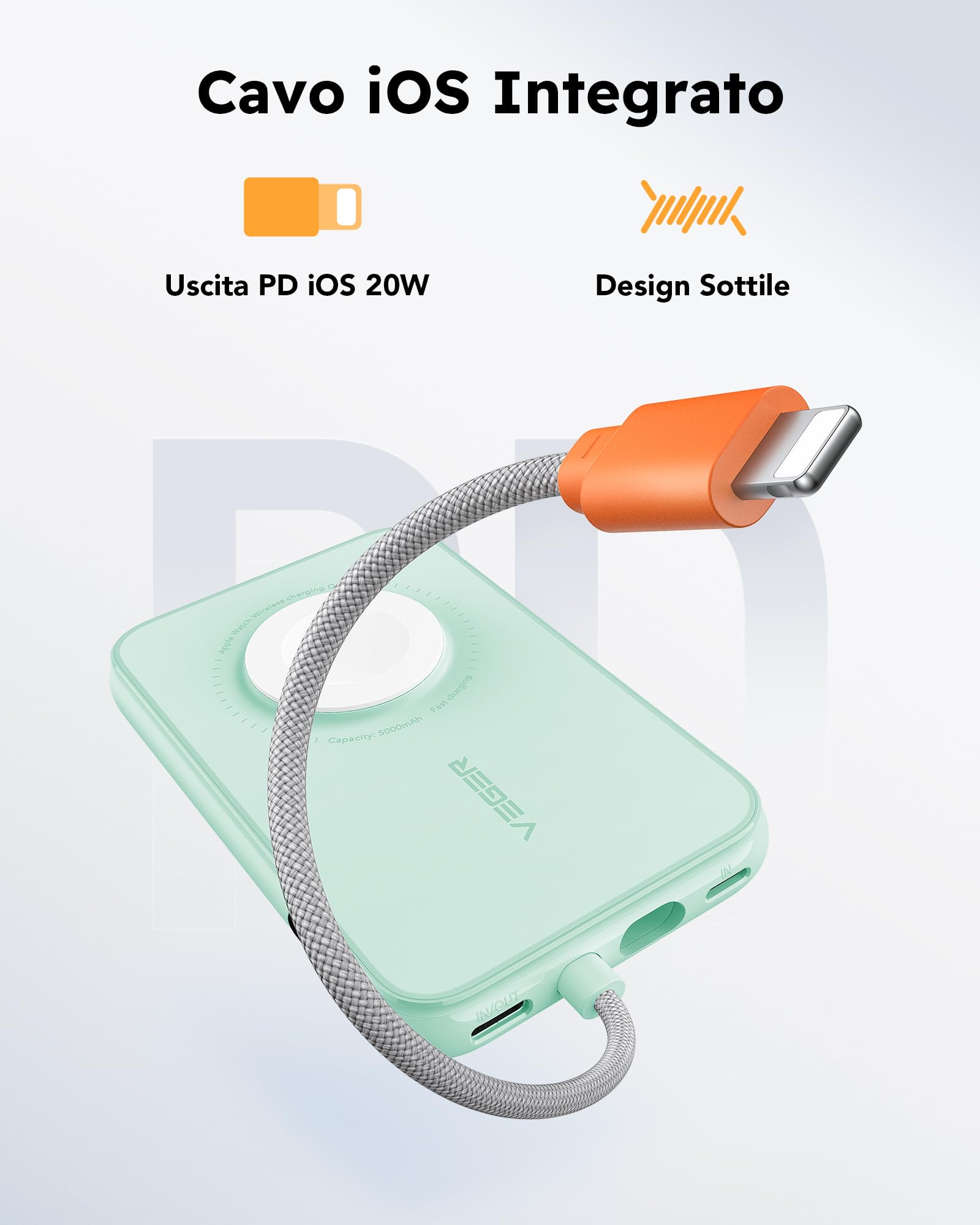 VEGER Power Bank 5000mAh, 20W PD Ricarica Rapida Caricatore Portatile 3 Uscite e 2 Ingressi con LED Display Digitale Batteria Esterna compatibile con iPhone/Android/iPad/Apple Watch