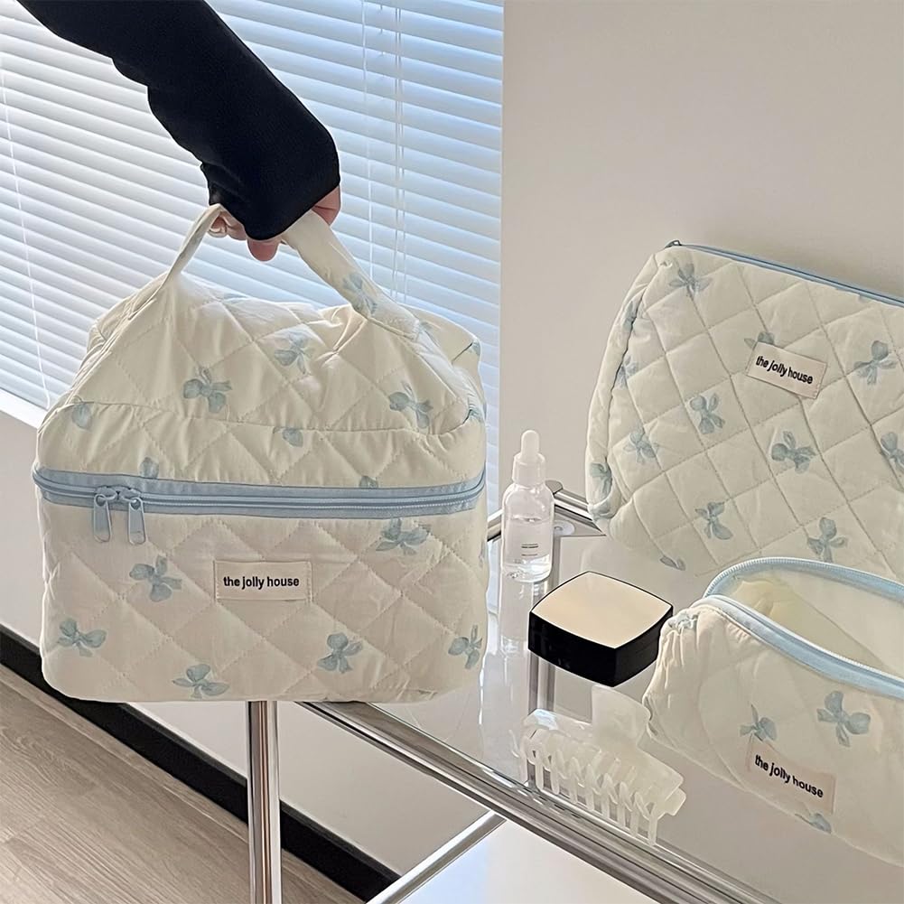 Borsa per Il Trucco, Borsa per Il Trucco da Donna con Cerniera, Organizer per Cosmetici, Borsetta in Tessuto con Grazioso Fiocco e Fiore, Astuccio da Toilette Portatile per Ragazze