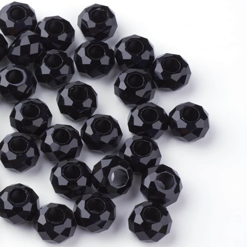 Stiesy 100pcs Black Glass Rondelle European Beads 14mm Drum Round Large Hole Spacer Beads for Bracelet Necklace Bangle Jewelry Making DIY Crafts