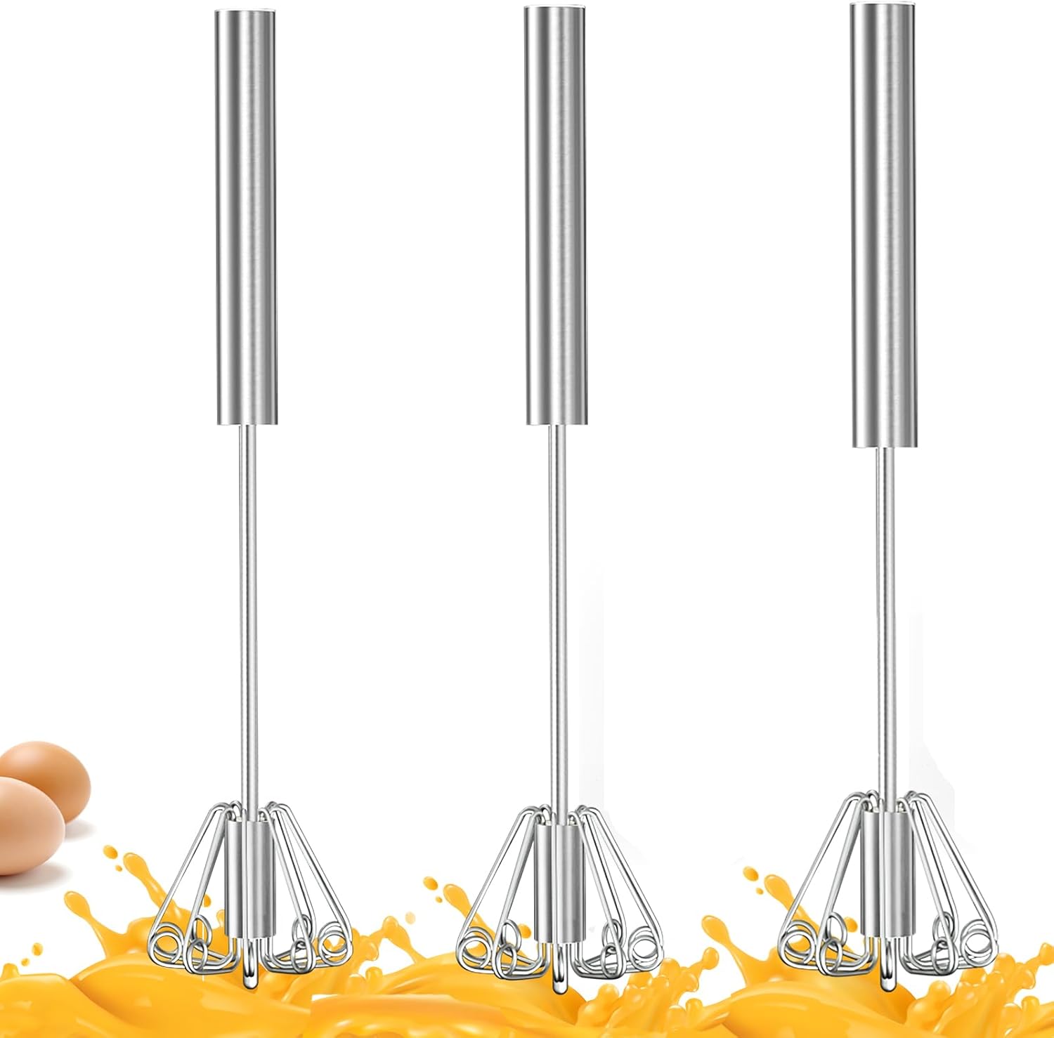 OOKUU 3 Pack Stainless Steel Egg Whisk, Whizzy Whisk, Semi Automatic Whisk Blender for Home - Versatile Tool for Egg Beater, Hand Push Whisk Blender, for Blending, Whisking, Beating & Stirring (12in)