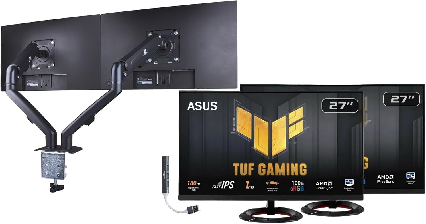 ASUS TUF Gaming 27" FHD IPS Monitor with 1ms Response Time, Anti-Glare, Flicker Free, AMD FreeSync, 180Hz Refresh rate, Displayport, HDMI, Black (VG279Q3R) 2 Pack w/DKZ Hub & ErgoFlexy Dual Mount Arms