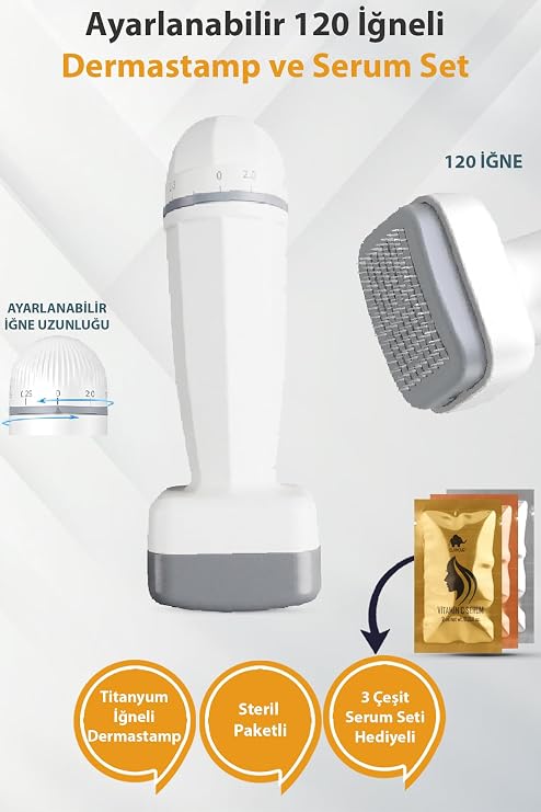 120 Titanyum İğneli Ayarlanabilir İğne Ölçülü (0.25-2.0mm) Dermastamp - Serum Seti Hediyeli -