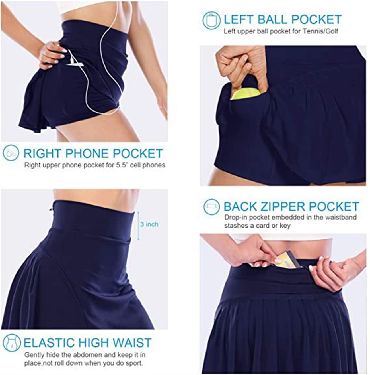 Jupe de Tennis avec Short Intérieur Taille Haute Plissé Mini Jupe de Course Athlétiques avec Poche pour Tennis Fitness Yoga Jogging Workout Casual