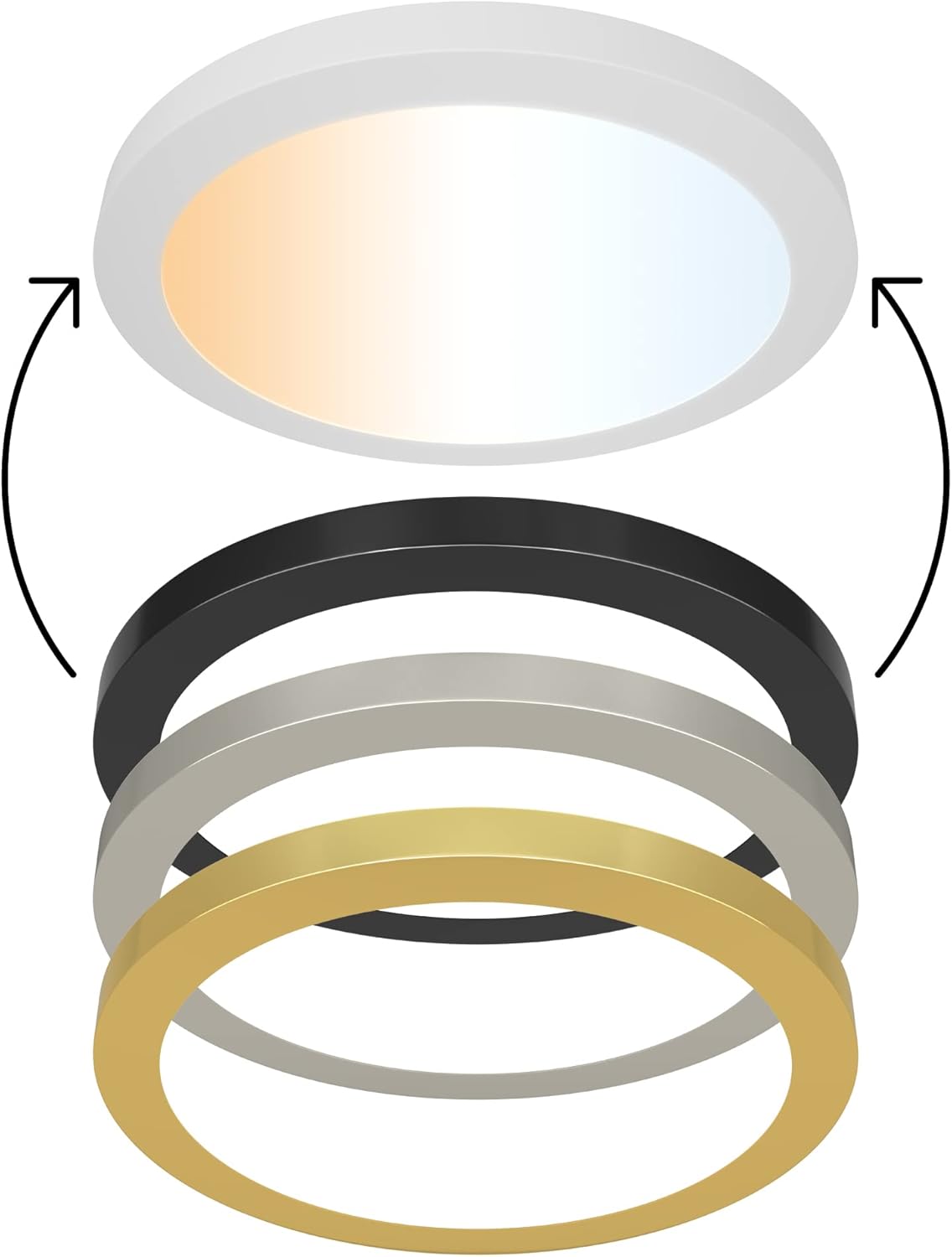 Ultralux 12 Inch White LED Flush Mount Ceiling Light, Multi-Purpose Light Fixture, 5 CCT Adjustable Color Temperature, Dimmable 1200 Lumen - 3 Magnetic Trim Rings: Matte Black, Brushed Nickel & Gold
