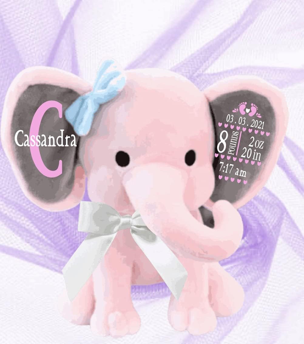Custom Birth Stats Announcement Elephants - Personalized Elephant Stuffed Animal for Babies, Baby Shower, Boy, Girl, Newborn, Infant, Customized Keepsake Plush Bear Gifts