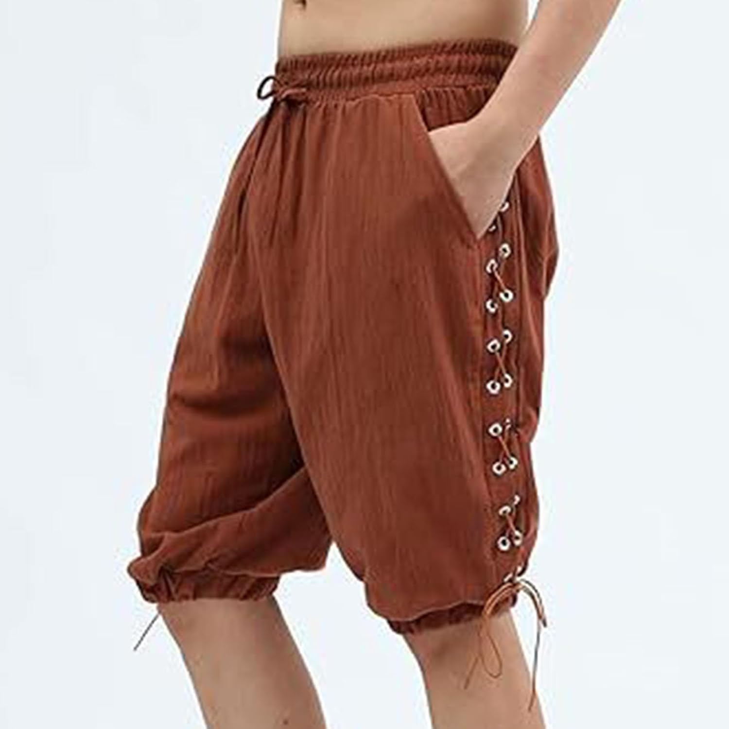 Retro Medieval Linen Shorts for Men:Fashion Elastic Wasit Plain Capris Pants with Pockets Halloween Theme Party
