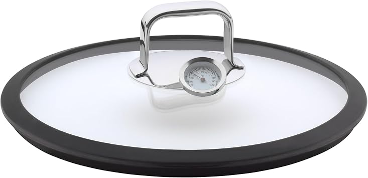 WMF Vitalis Aroma Buharlı Pişirme Tenceresi, 28 cm, 5 L, Cam Kapaklı, Silikon Kenarlı, Pişirme Termometresi ve Buharlı Pişirme Tepsili, Cromargan® Yüksek Kaliteli Paslanmaz Çelik, Fırına Uygun