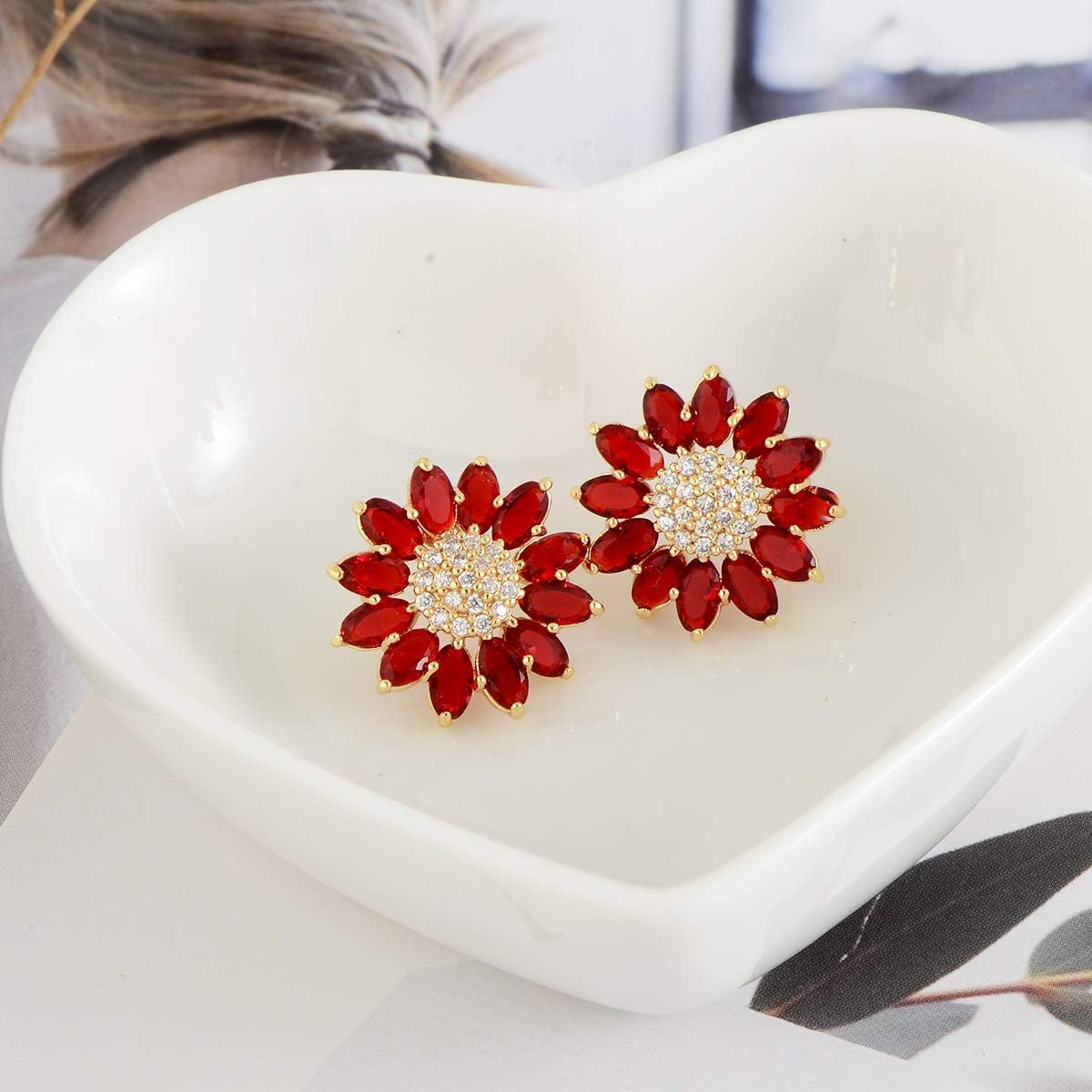 Crystal Flower Burst Stud Earirings - Big Sterling Silver CZ Cubic Zirconia Rhinestone Daisy Sunflower Floral Cluster Studs Bridal Wedding Party Prom Costume Jewelry for Bride Bridesmaids Women Birthstone Birthday Gift - Image 8