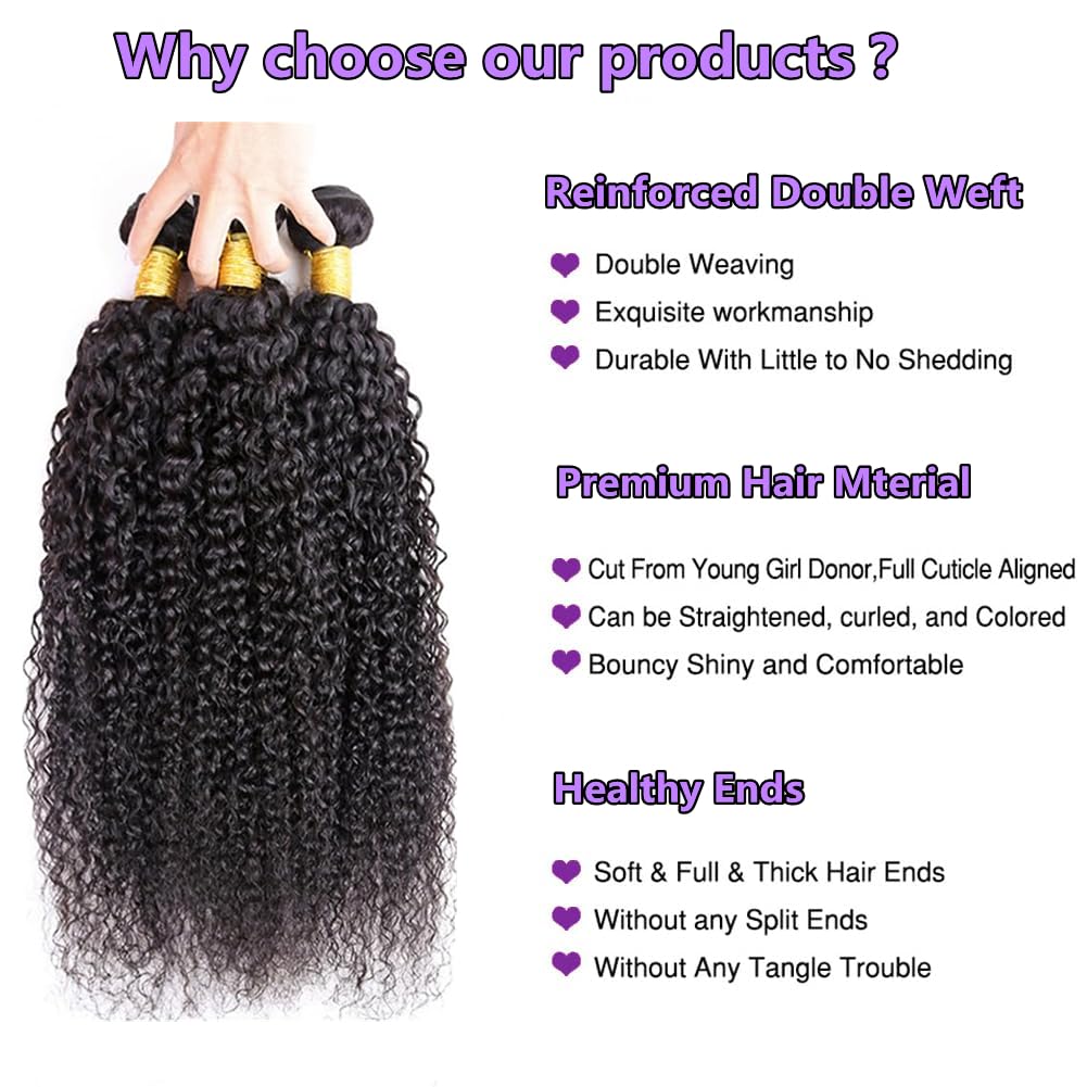Kinky Curly Human Hair Bundles Thick Brazilian Virgin Curly Weave Bundles Human Hair 100% Unprocessed Double Weft Natural Black Color Can Be Dyed 100g 18 Inch