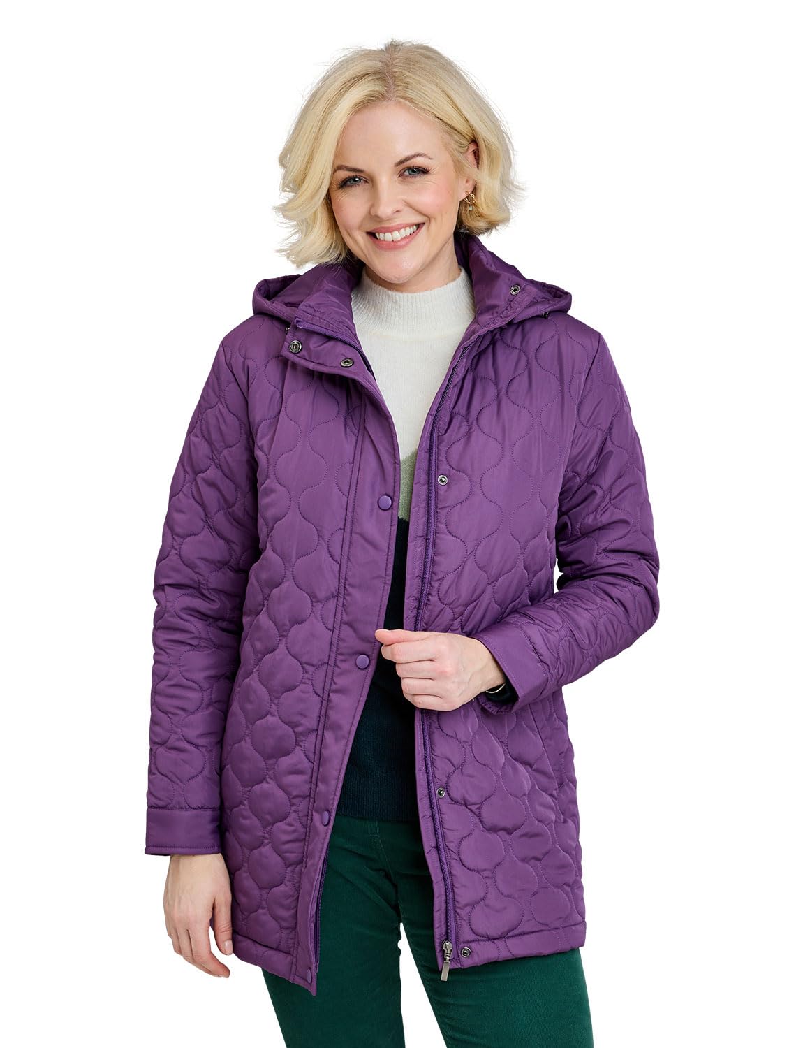 Amber Ladies Quilted Water-Resistant Jacket with Detachable Hood Adjustable Cuffs & Secure Pockets Damson 14