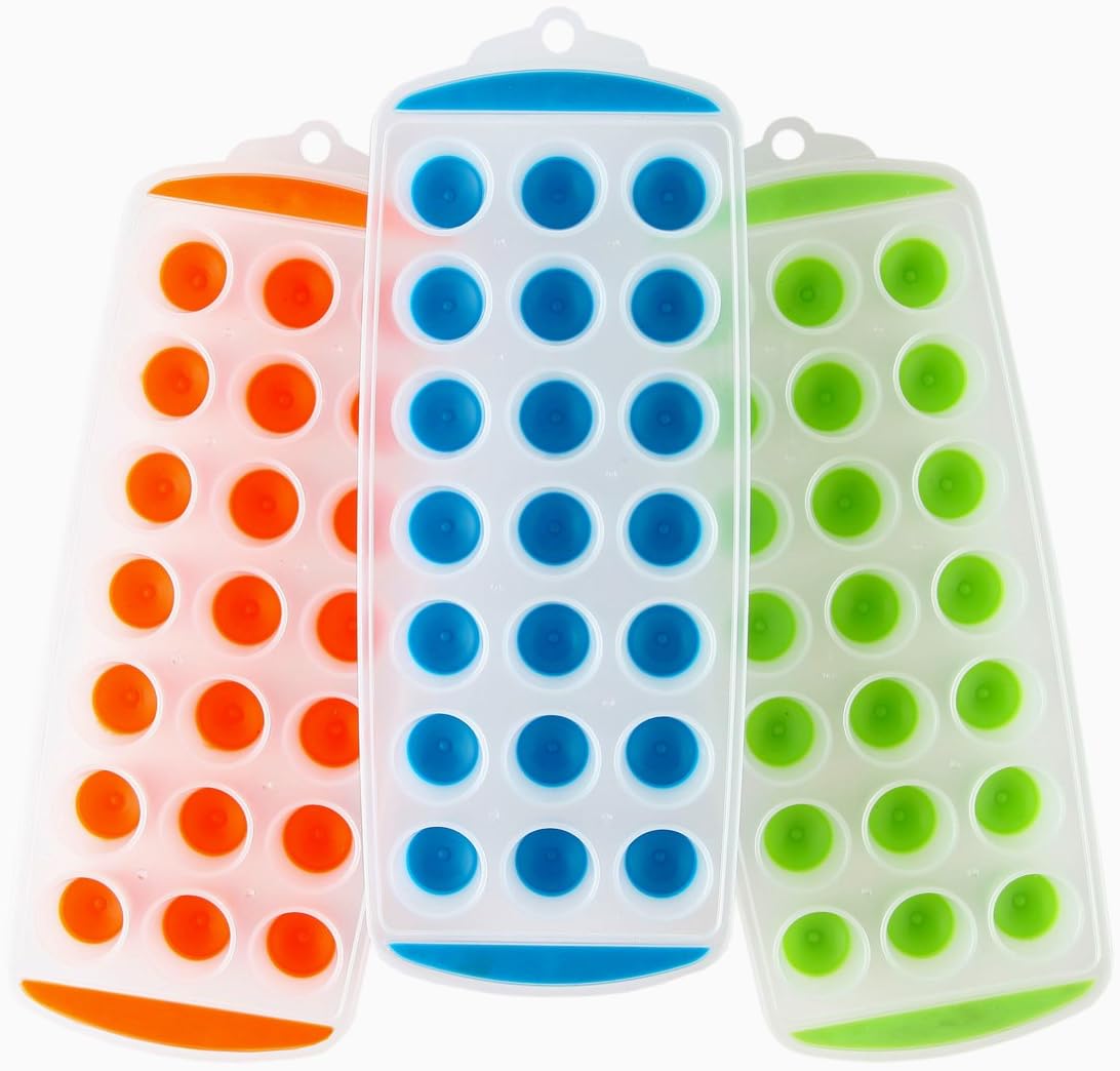 Lily's Home Silicone Mini Ice Cube Trays with Easy Push and Pop Out Materials, Ideal for Sports or Water Bottles, Assorted Bright Colors (11" x 4 1/2" x 1", Set of 3)