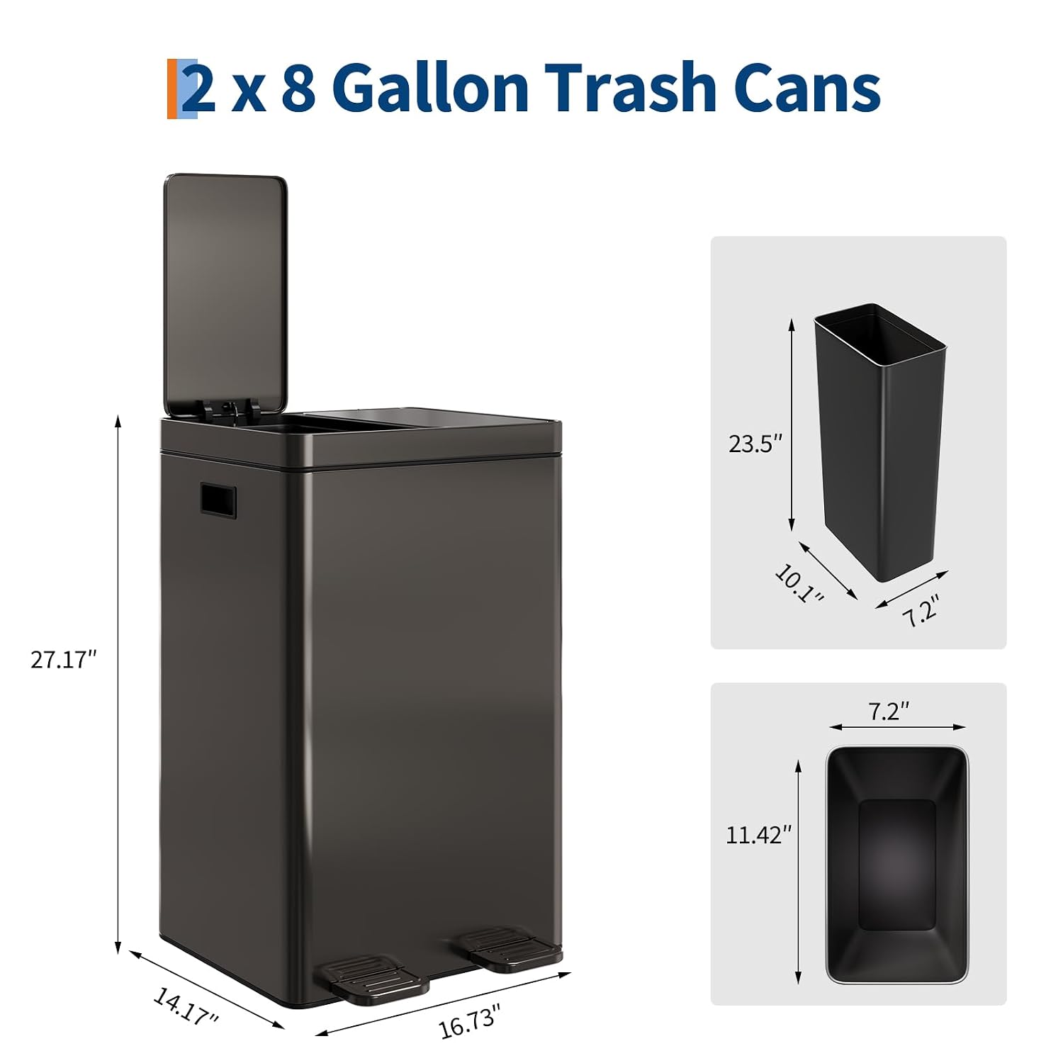 OUTLANE 2×8 Gal/2x30 L Stainless Steel Trash Can, Dual Compartment Recycling Bin Combo with Removable Bucket Liner and Soft Close Lids for Kitchen, Living Room, Bedroom - Black