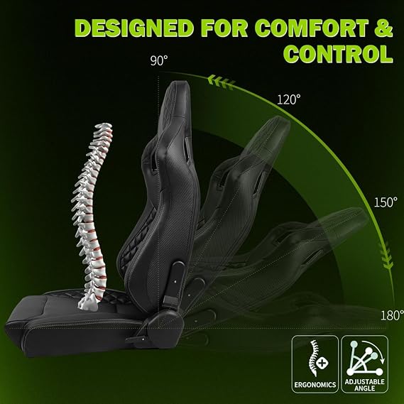 Microfiber Leather Front Racing Seat with Dual Sliders For Universal | Brand of Hyper Glory, Seat can hold 300 LBS & 180 degree backrest Rotation, Black Microfiber Leather-Flat Style, 2PCS