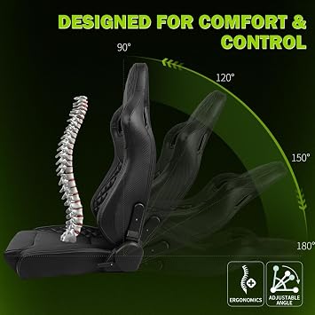 Microfiber Leather Front Racing Seat with Dual Sliders For Universal | Brand of Hyper Glory, Seat can hold 300 LBS & 180 degree backrest Rotation, Black Microfiber Leather-Flat Style, 2PCS
