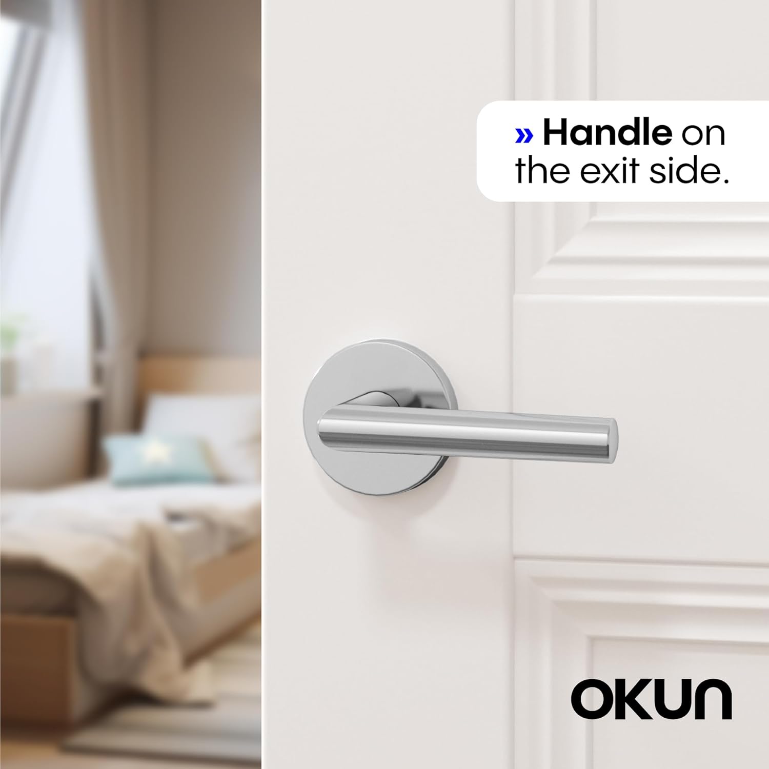 Okun Stark 1-Pack Chrome Passage Door Levers – Reversible Non-Locking Interior Handles with Sleek Concealed-Mount Design for Hallways & Closets
