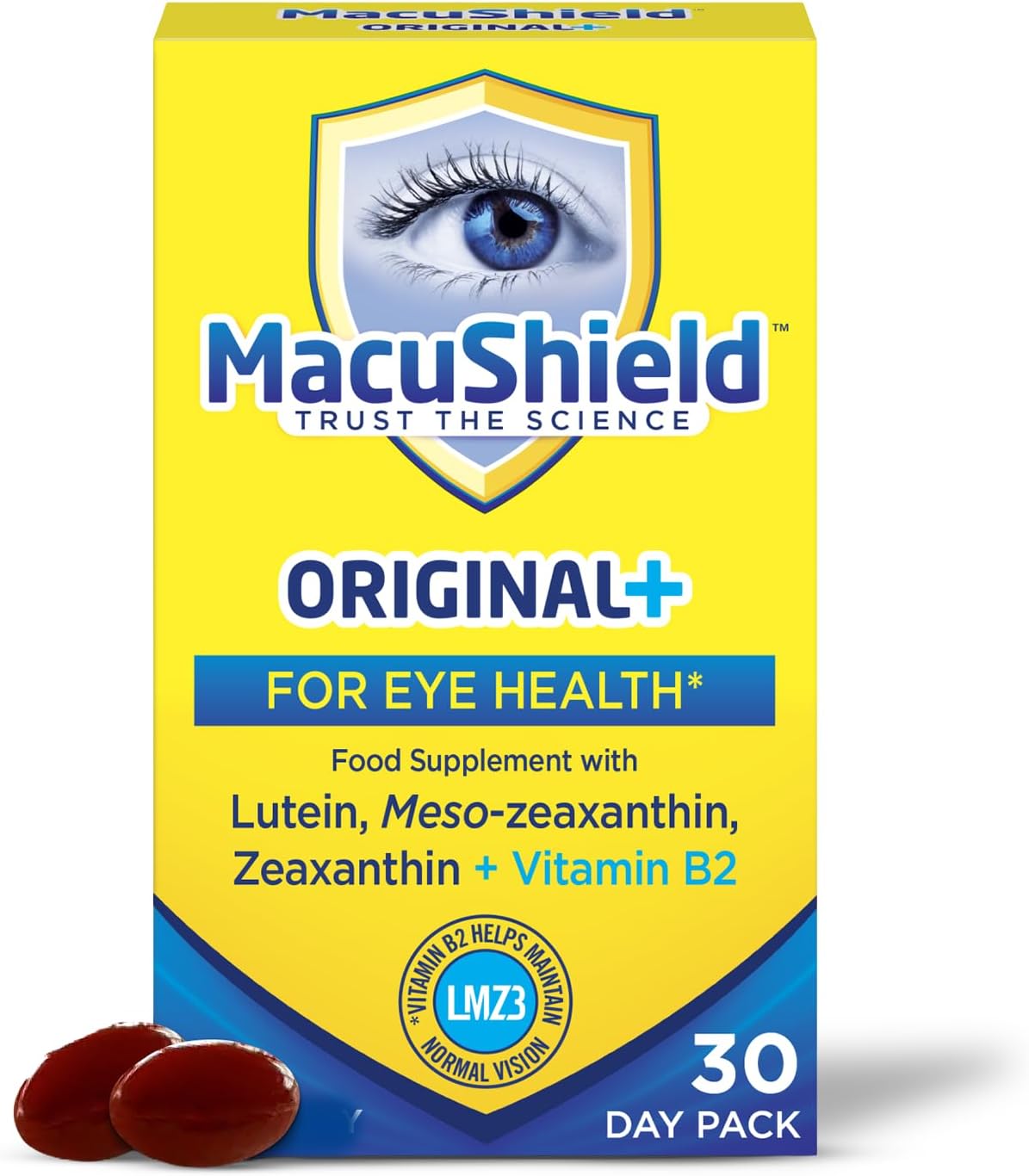 MacuShield Original Plus Capsules, 30-Day Pack | Helps maintain normal vision, Eye health food supplement, Lutein zeaxanthin meso-zeaxanthin, Vitamin B2