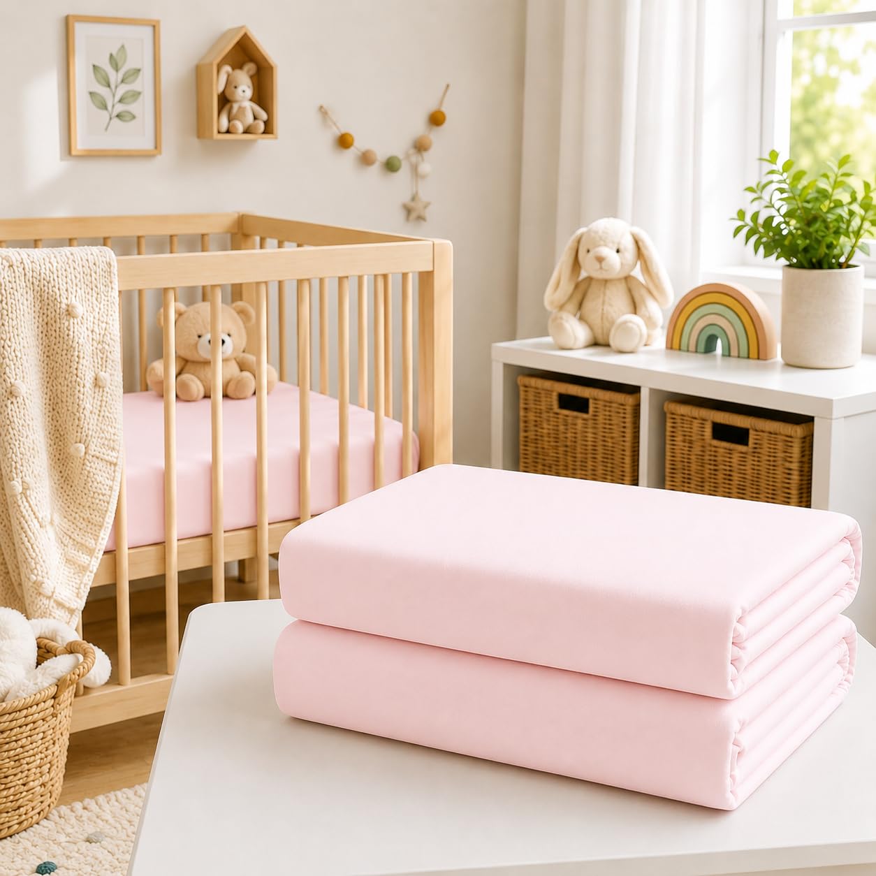BABYMAM 2 Pack 100% Cotton Jersey Fitted Sheets 140x70cm Cot Bed (Pink)
