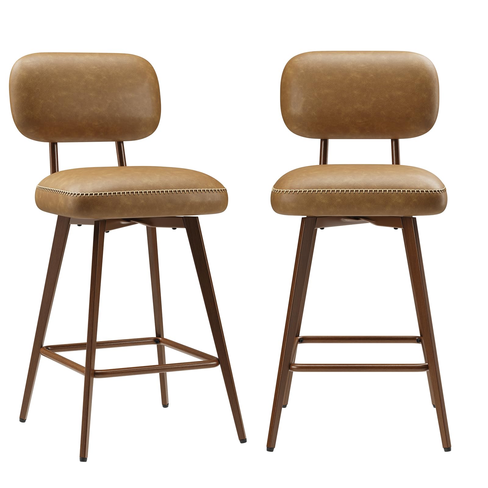 MALOL 26“ PU Leather Swivel Bar Stools Set of 2, Mid Century Counter Height Bar Chairs with Low Back and Metal Legs, Modern Bar Stool Chair for