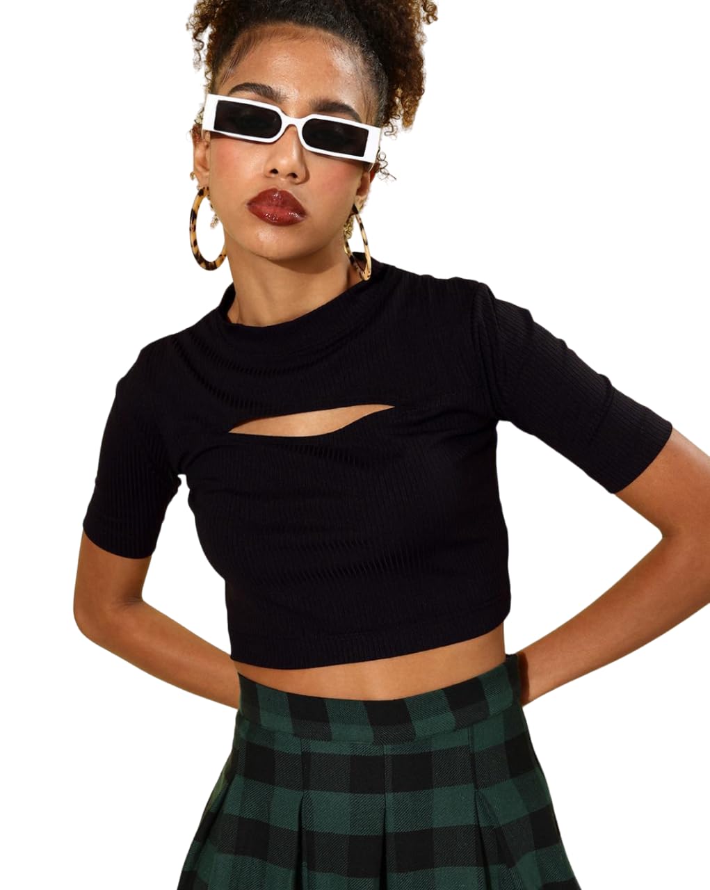 anvi be yourself Women's Stylish Solid Round Neck Short Sleeve Casual Ribbed Crop Top With Cut Out Detail || Women Plain Crew Neck Fitted Keyhole Crop Top || Trendy Western Knitted Slim Fit Tops for Women-picture-19
