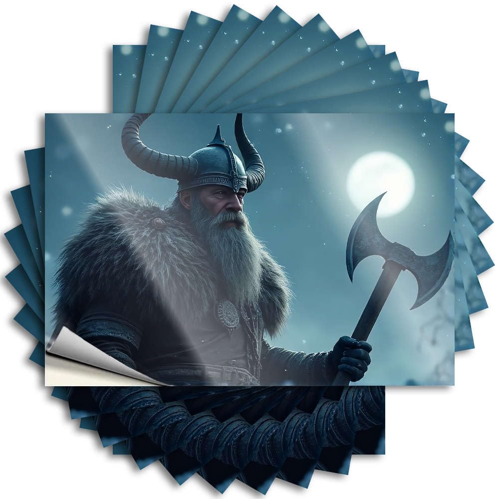 Bumper Balcony Decor Durable Vinyl - Viking Warrior with Horned Helmet Holding Axe Under Moonlight. Cover for Adult Use(12X18CM)