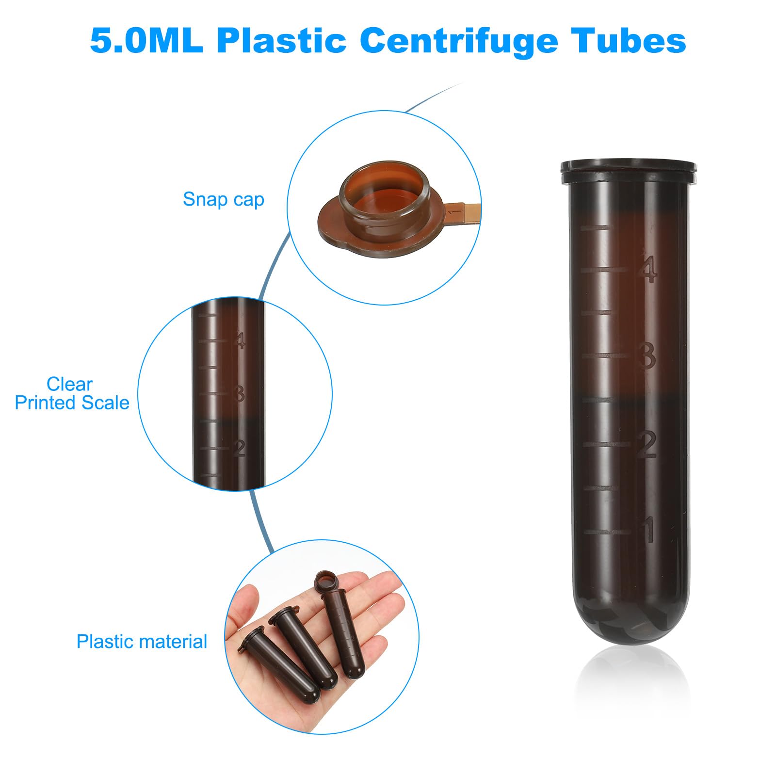 PATIKIL Tubos De Centrífuga De Plástico De 5 ML, 900 Piezas Tubos De Centrífuga De Fondo Redondo Con Tapa A Presión Y Marcas Graduadas Para Almacenamiento De Muestras, Marrón