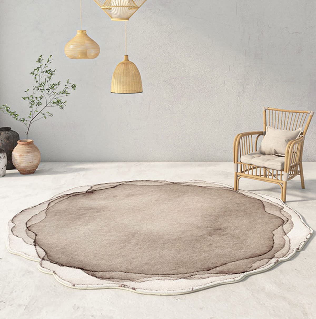 Beige Contemporary Modern Abstract Round Area Rug for Living Room Bedroom Dining Room Irregular Shaped 3 feet Carpet Home Office Washable Wool Rug