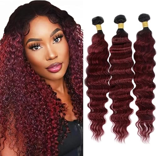 Burgundy Bundles Human Hair 24 26 28 Inch Ombre Deep Wave Human Hair Bundles 1B9