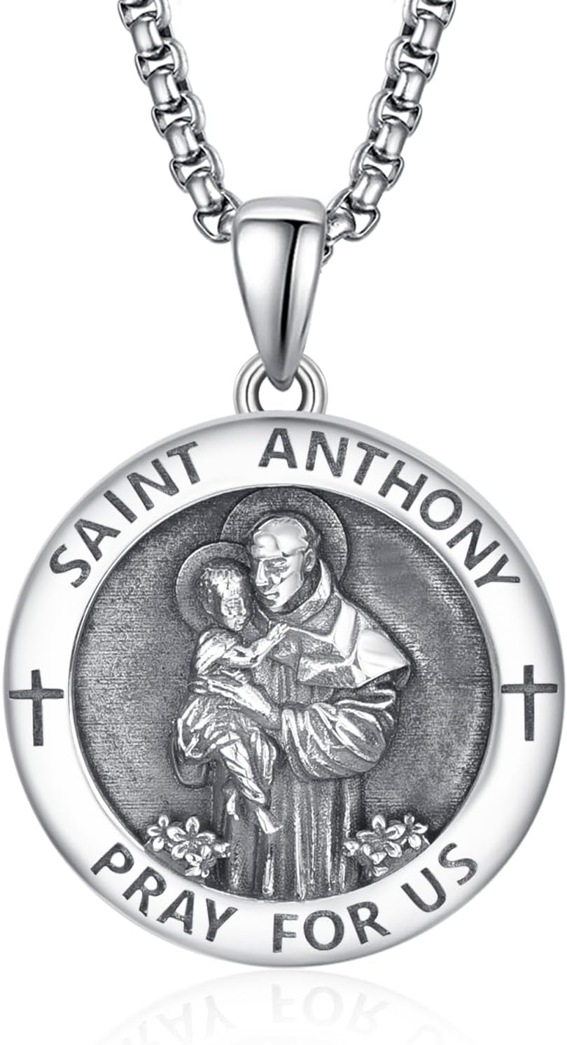 925 Sterling Silver Patron Saint Medals | Amulet Necklace Protection Jewelry for Men with 2.5mm 22"+2" Rolo Chain | Religious Mothers Day Jewelry Gift for Mom