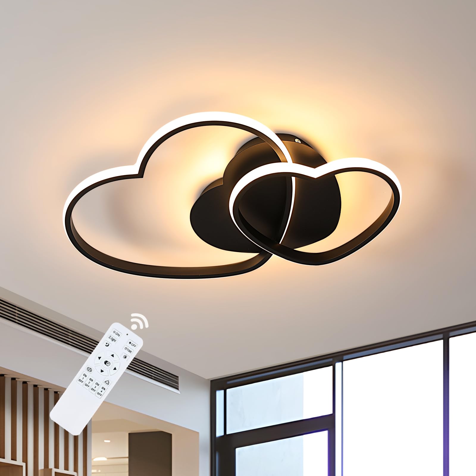 Riserva LED Deckenleuchte Dimmbar, 48W Deckenlampe Wohnzimmer Modern, 3000K~6500K mit Fernbedienung, Herz Design Deckenbeleuchtung LED Schwarz für Schlafzimmer, Kinderzimmer, Arbeitszimmer, Esszimmer