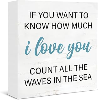 Beach Wooden Box Sign Decor, If You Want to Know How Much I Love You Count All the Waves in the Sea Wood Block Plaque Sign Rustic Home Living Room Beach House Shelf Wall Decor