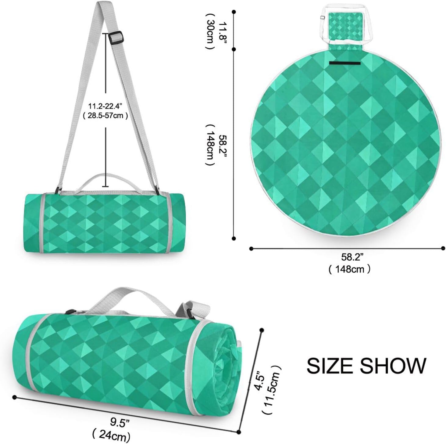 Round Beach Blankets - Fits 2 Adults, Summer Accessories Packable Park Blankets Waterproof Foldable for Beach Mat or Family Outdoor Camping Party 58 in (Mint Green Plaid diamonding)