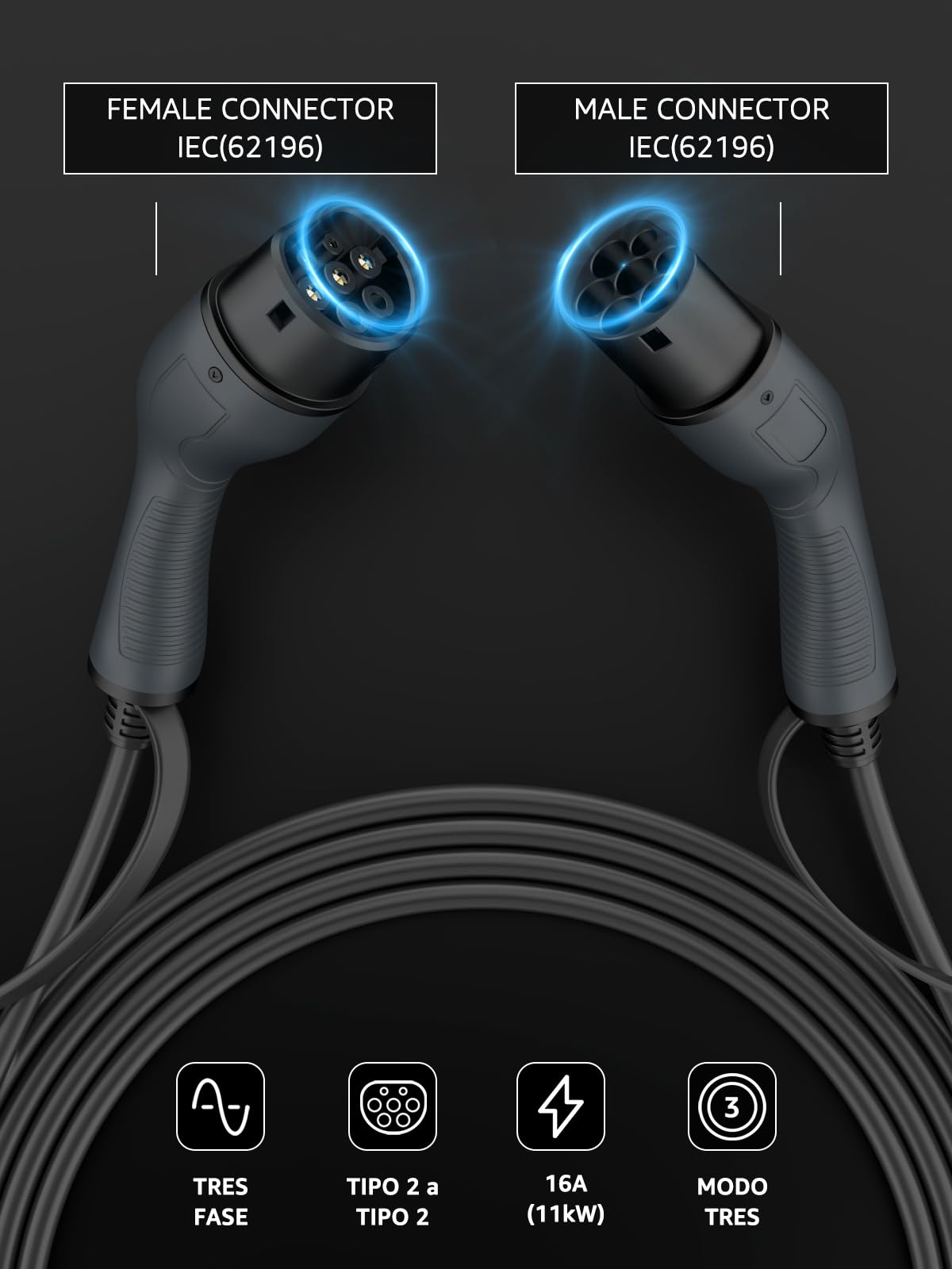 bokman EV Cable de Carga Tipo 2 11kW 5 Metros | Modo 3, 16A, Monofásico, Cable de Carga Rápida Híbrido Enchufable para Vehículo Eléctrico Tipo 2 a Tipo 2