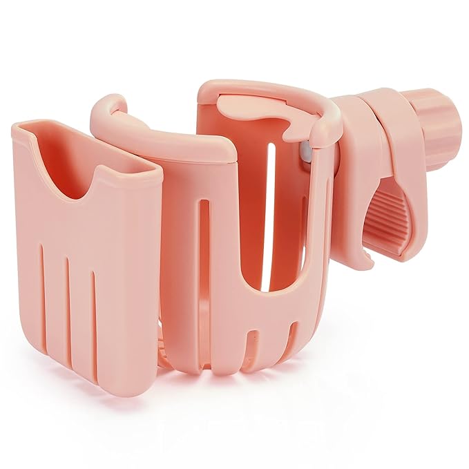 Stroller Cup Holder with Phone Holder, Bike Cup Holder, 2-in-1 Universal Cup Phone Drinks Holder for Stroller Walker Wheelchair,Pink