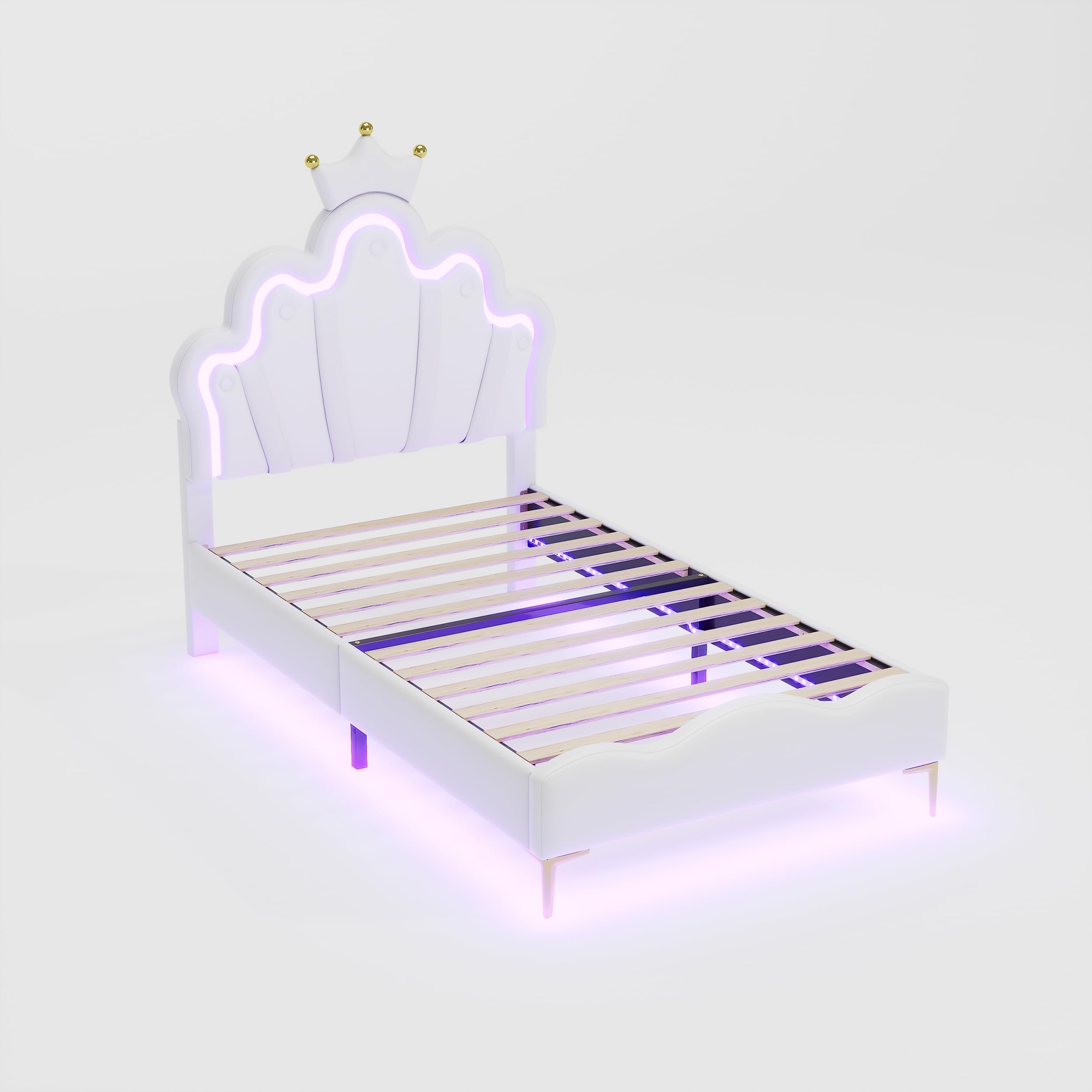 MURUL Plat Tweepersoonsbed, Kroonvormig Prinsessenbed Led Omgevingslichtstrip