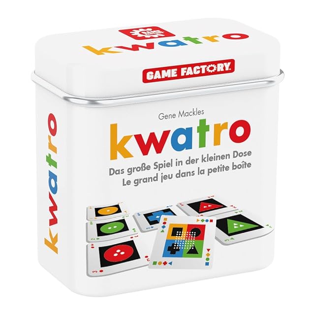 GAMEFACTORY 646195 Kwatro - Juego de Cartas en práctica Caja de Metal, para niños y Adultos, Juego de Viaje