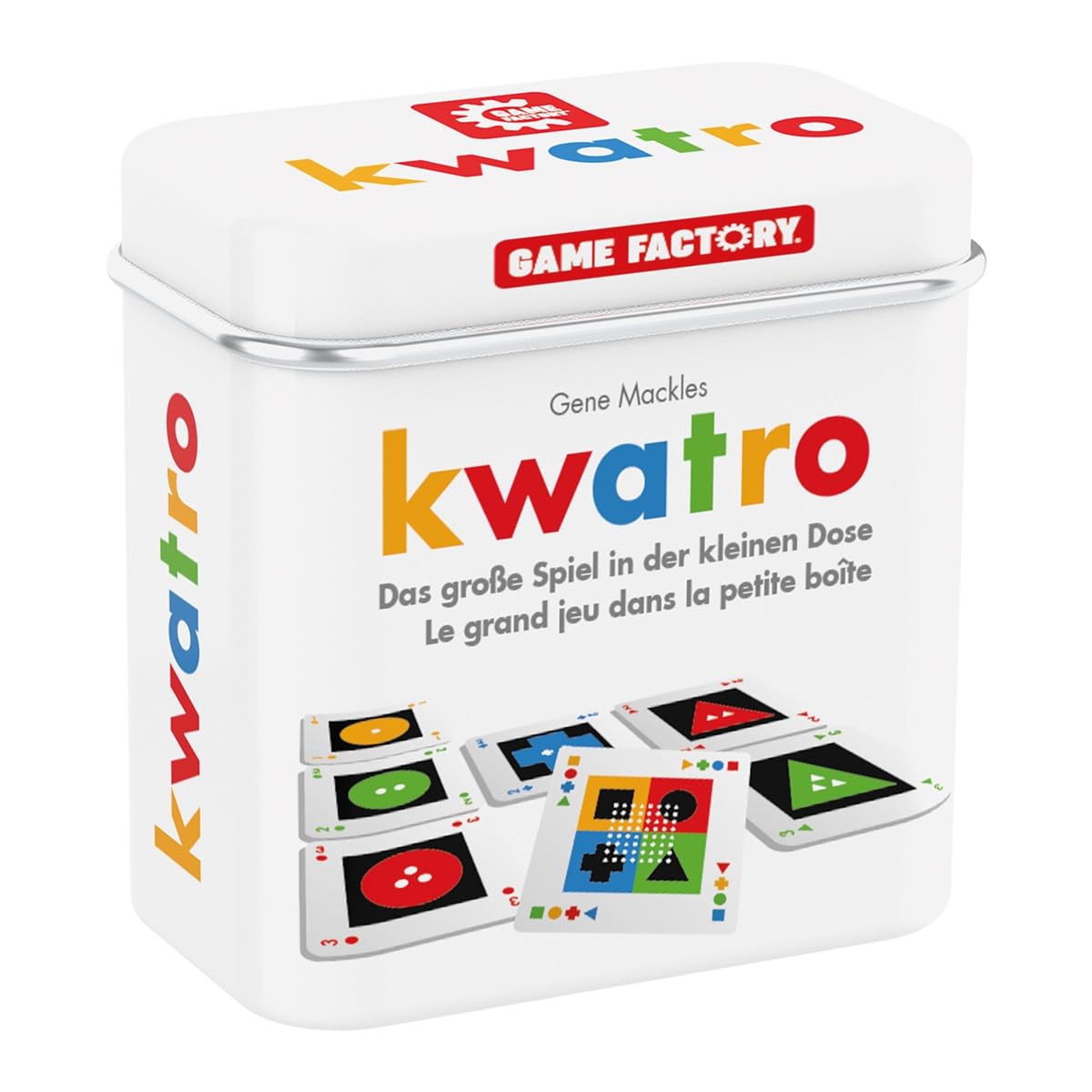GAMEFACTORY 646195 Kwatro, Mini-Kartenspiel in handlicher Metalldose, Legespiel-Mix für Kinder und Erwachsene, Reisespiel