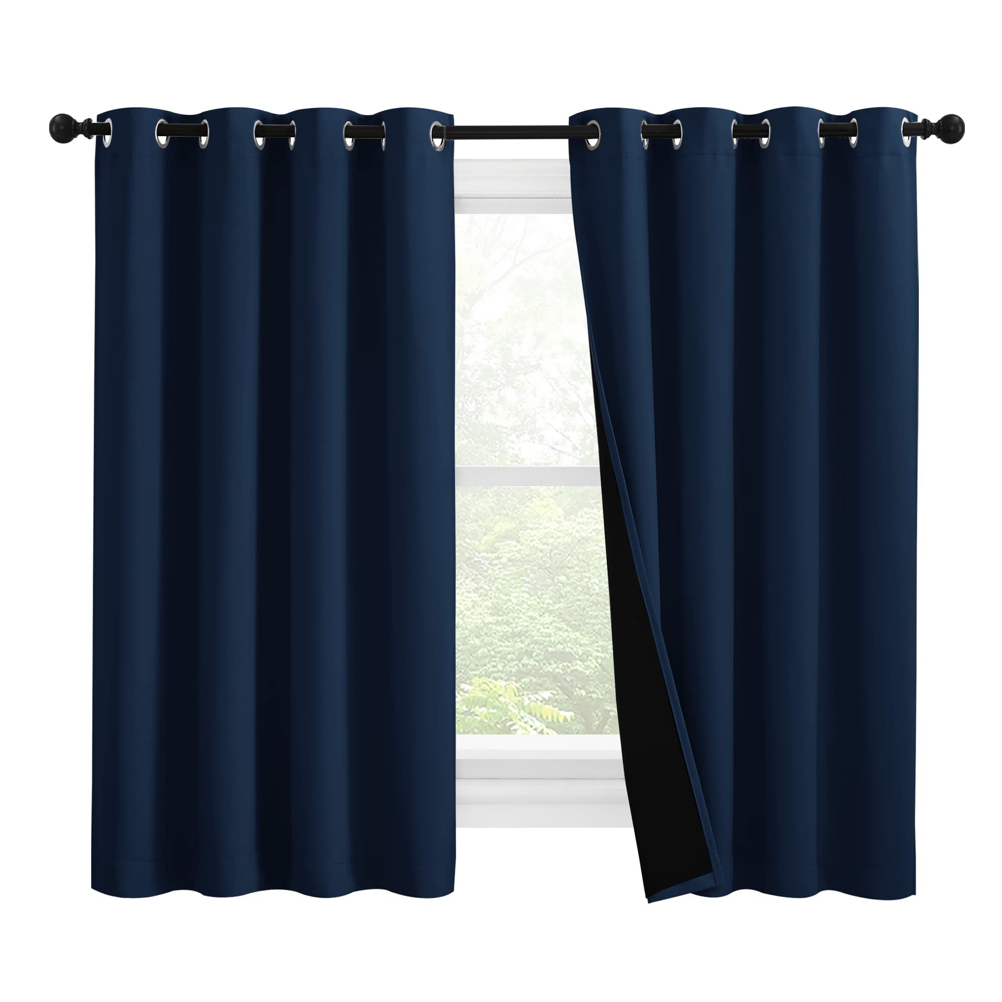 NICETOWN 100% Blackout Curtains with Black Liners, Thermal Insulated 2-Layer Lined Drapes, Energy Efficiency Small Window Draperies for Dining Room (Navy Blue, 2 Panels, 55 inches W by 57 inches L)